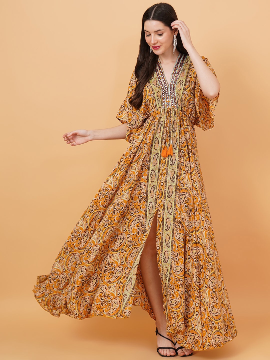 

IX IMPRESSION Paisley Printed Flared Kaftan Dress, Brown