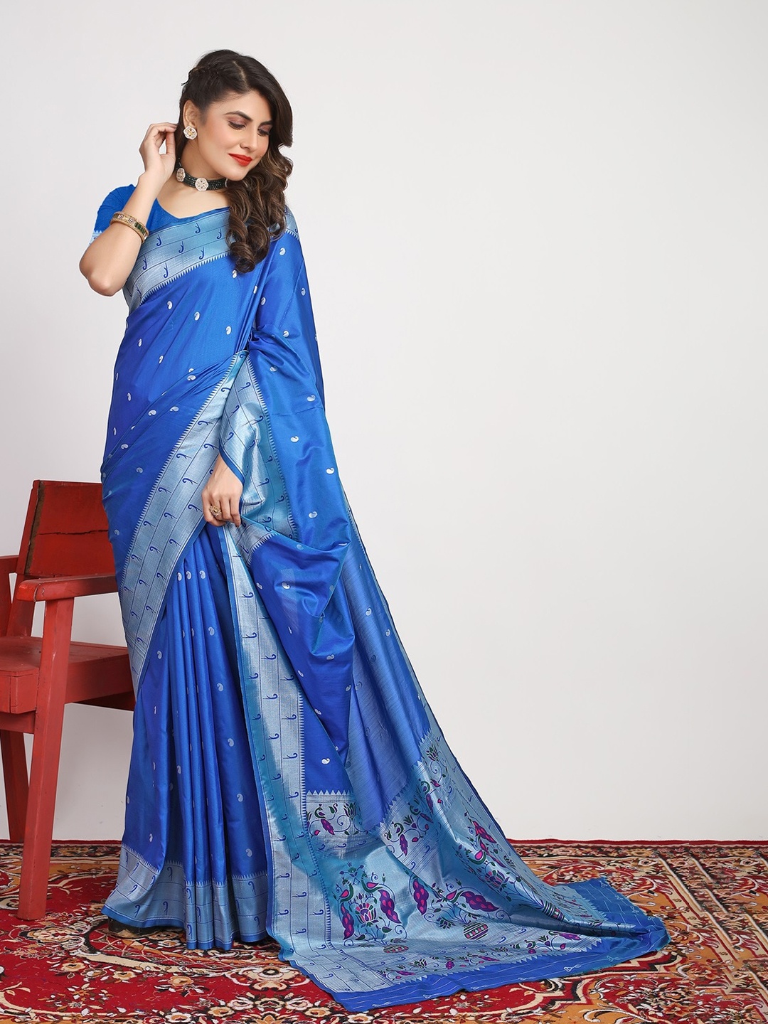 

CANIZZARO Ethnic Motifs Woven Design Zari Pure Silk Paithani Saree, Blue