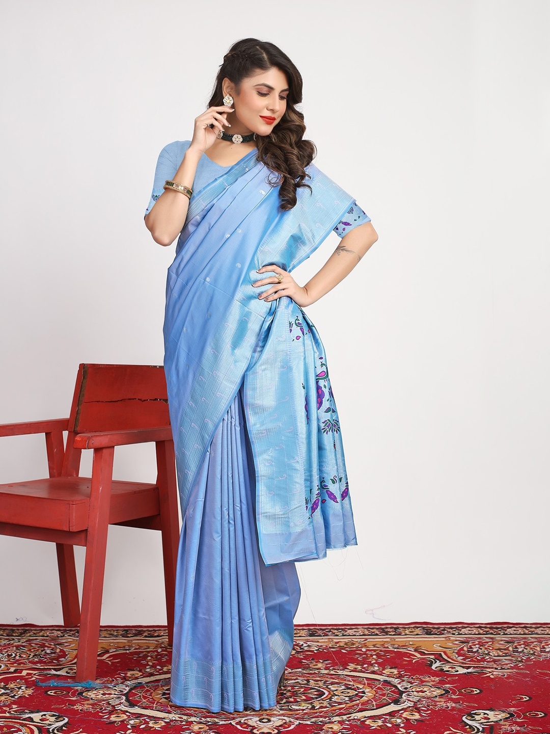 

CANIZZARO Ethnic Motifs Woven Design Zari Pure Silk Paithani Saree, Turquoise blue