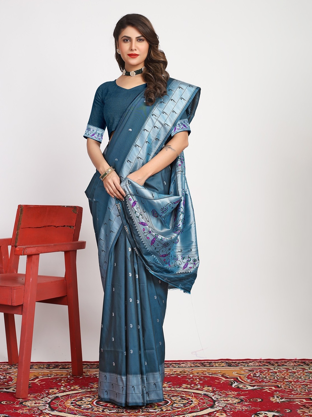 

CANIZZARO Ethnic Motifs Woven Design Zari Pure Silk Paithani Saree, Teal