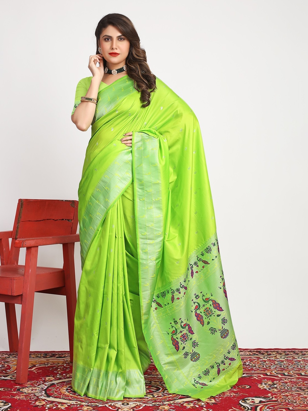 

CANIZZARO Ethnic Motifs Woven Design Zari Pure Silk Paithani Saree, Green
