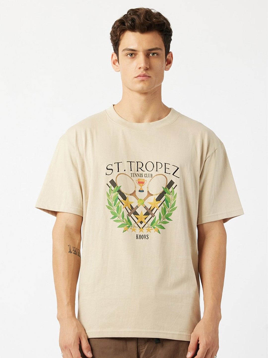 

Koovs Typography Printed Round Neck Pure Cotton Relaxed Fit T-shirt, Beige