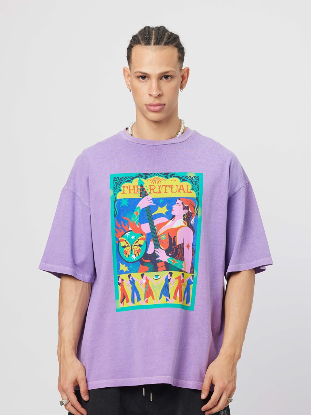

Koovs Graphic Printed Pure Cotton Oversized T-shirt, Purple