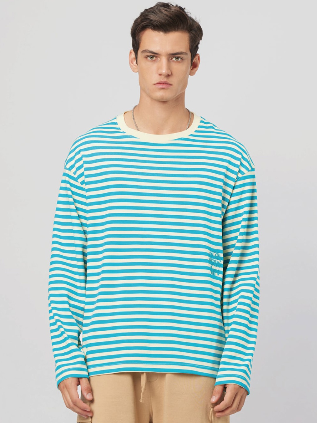 

Koovs Striped Printed Relaxed Fit Pure Cotton Opaque Casual T-shirt, Green