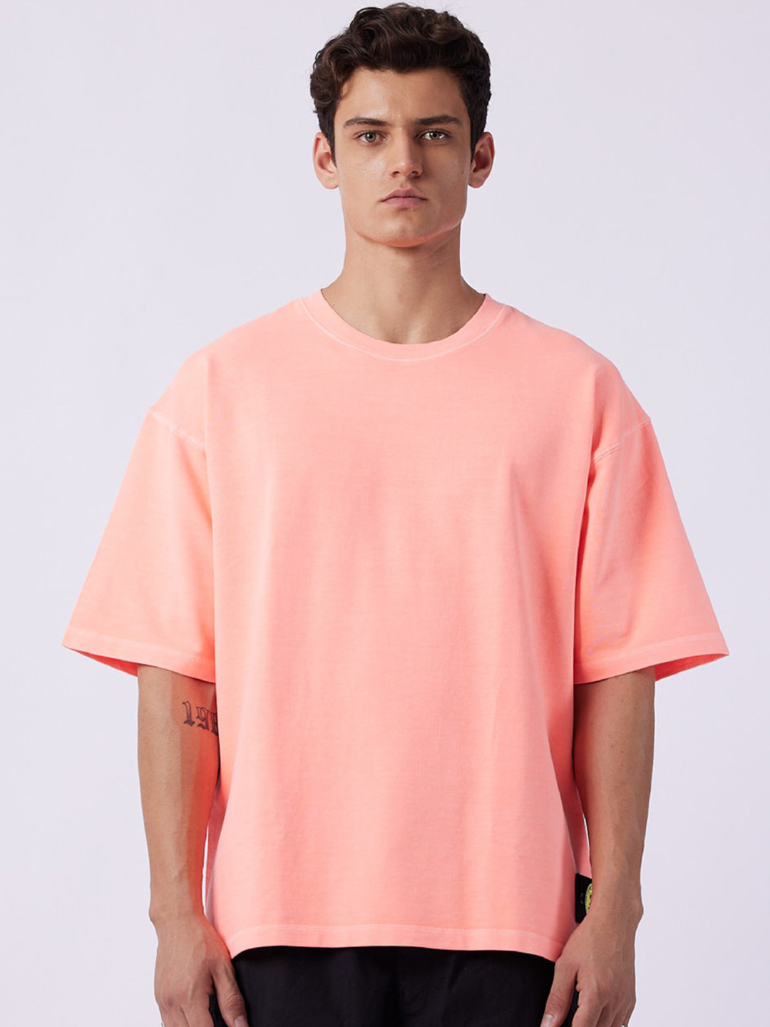 

Koovs Drop-Shoulder Sleeves Pure Cotton Opaque Casual T-shirt, Orange