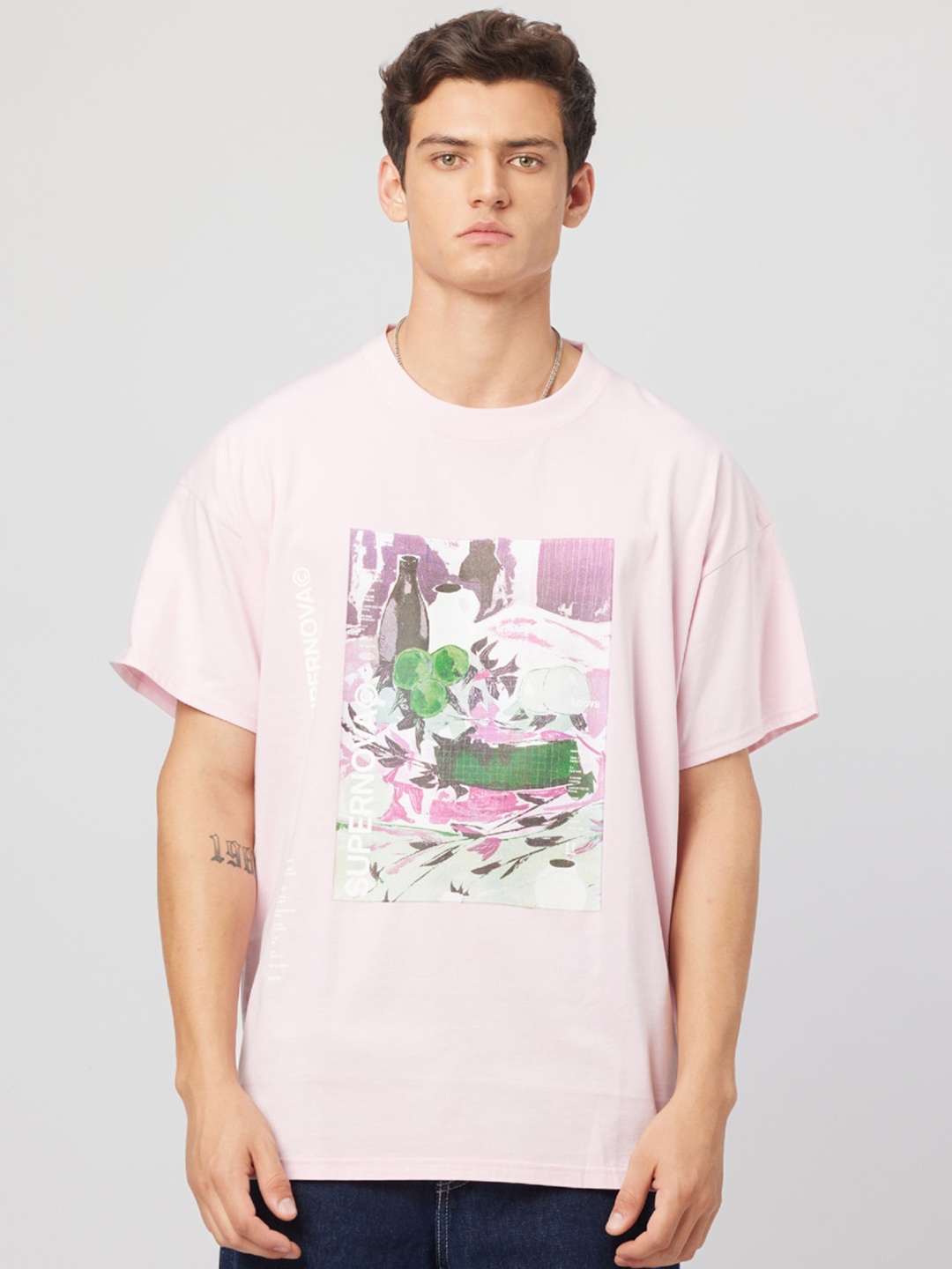 

Koovs Graphic Printed Round Neck Pure Cotton Relaxed Fit T-shirt, Pink
