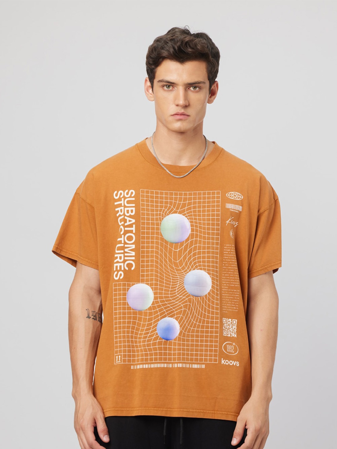 

Koovs Graphic Printed Round Neck Pure Cotton Relaxed Fit T-shirt, Brown