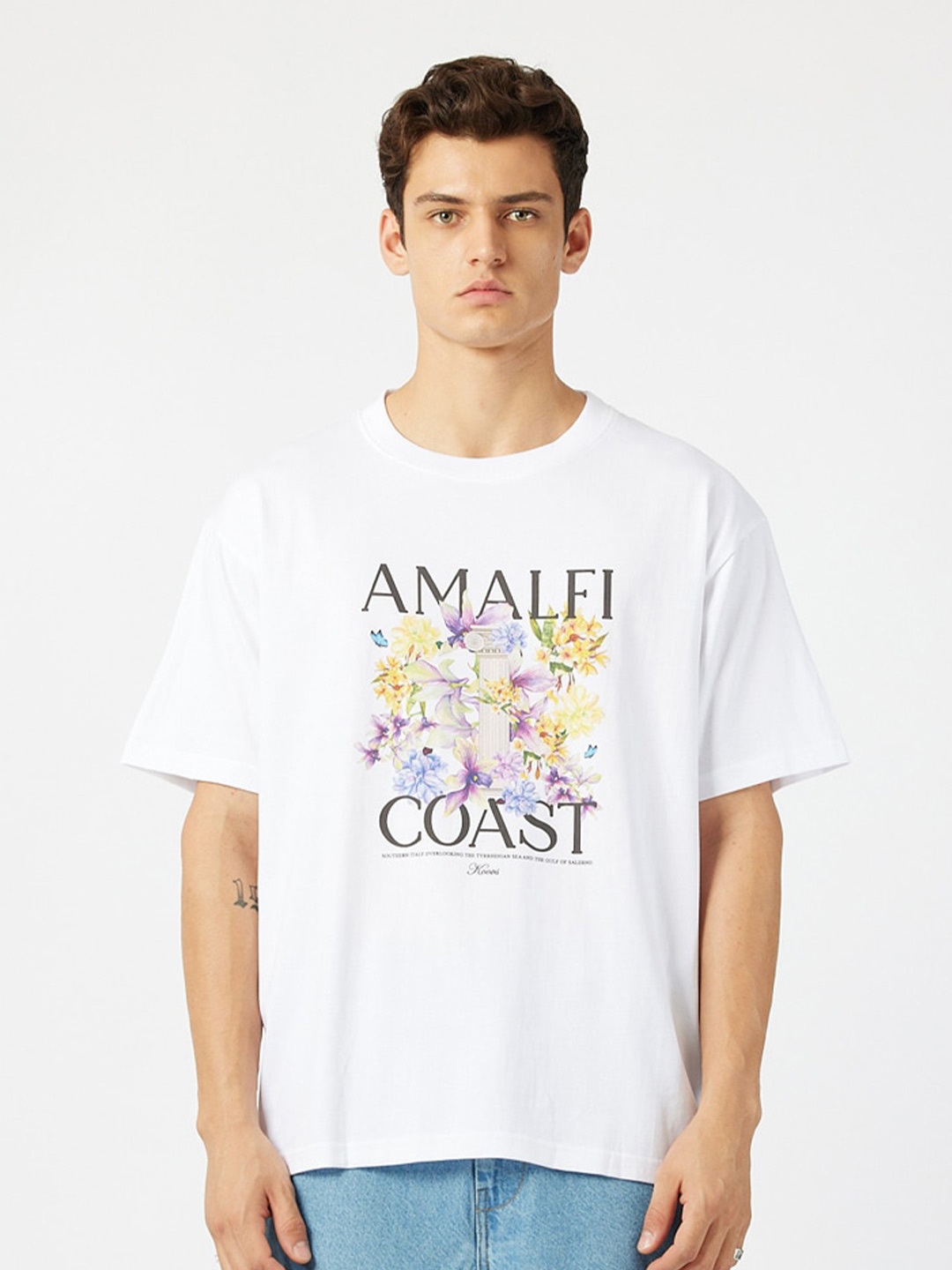 

Koovs Typography Printed Round Neck Pure Cotton Relaxed Fit T-shirt, White