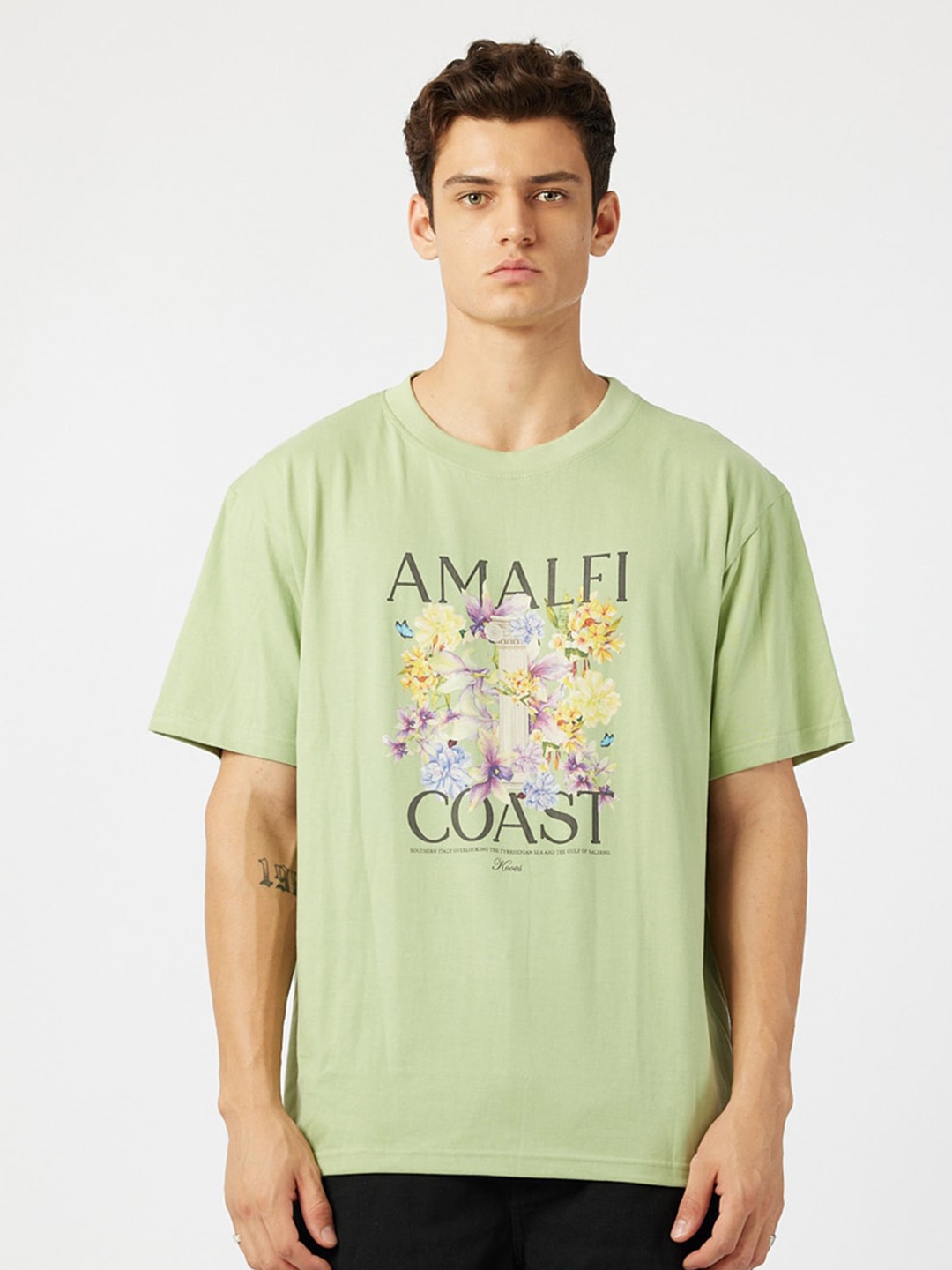 

Koovs Typography Printed Round Neck Pure Cotton Relaxed Fit T-shirt, Green