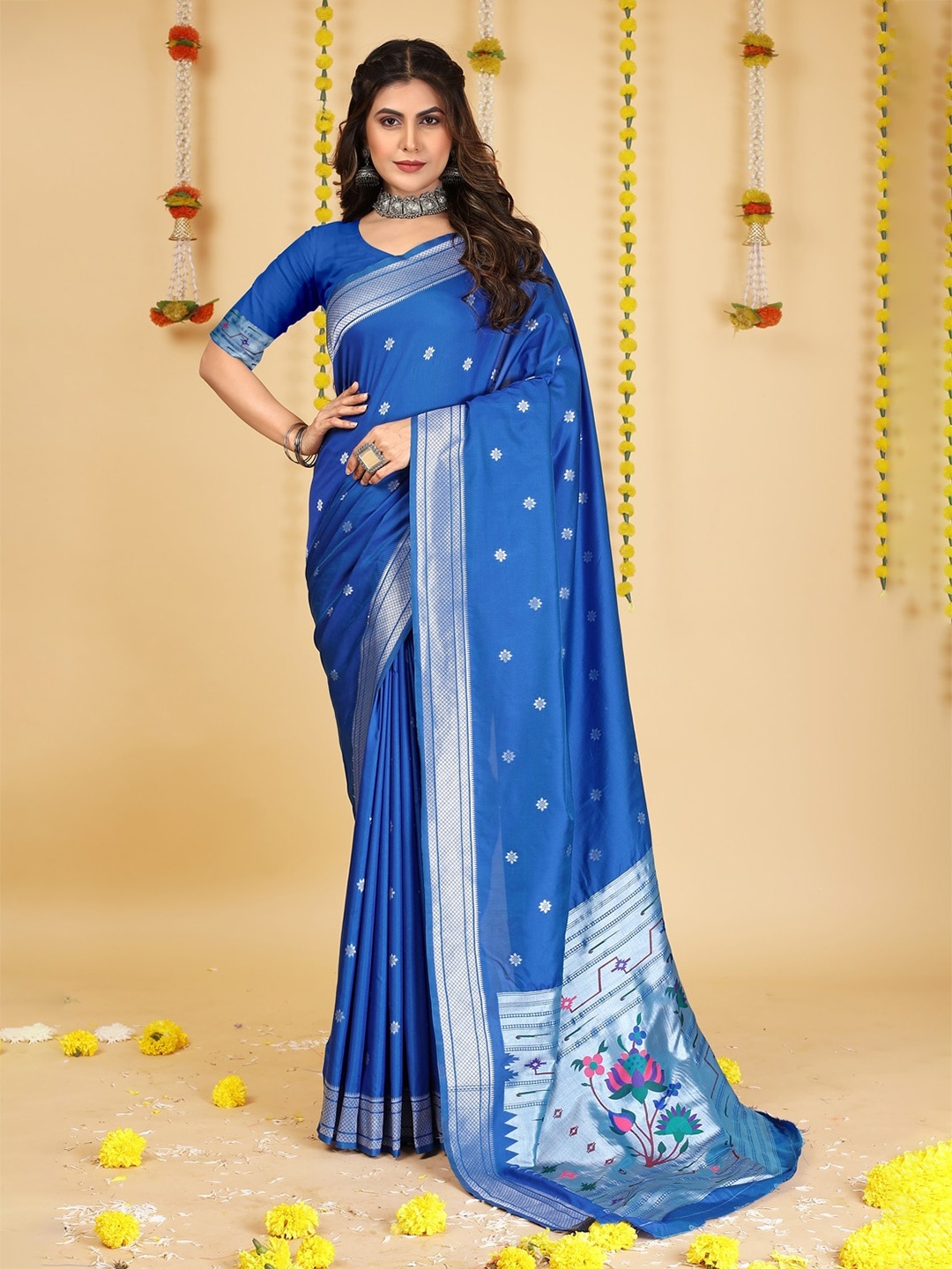 

CANIZZARO Ethnic Motifs Woven Design Zari Pure Silk Paithani Saree, Blue