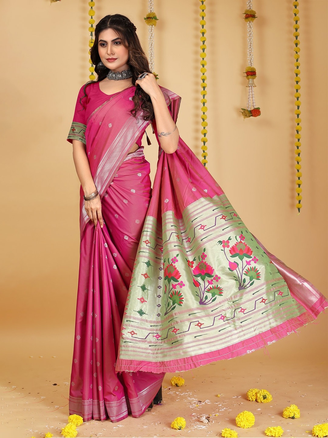 

CANIZZARO Ethnic Motifs Woven Design Zari Pure Silk Paithani Saree, Pink