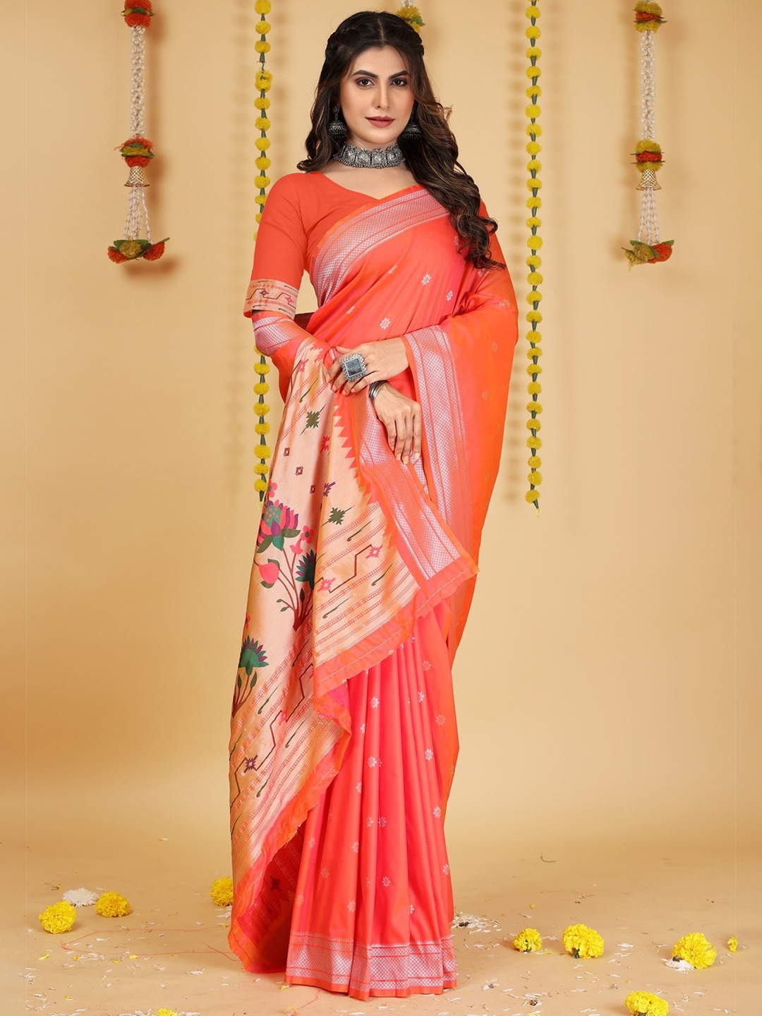 

CANIZZARO Ethnic Motifs Woven Design Zari Pure Silk Paithani Saree, Peach