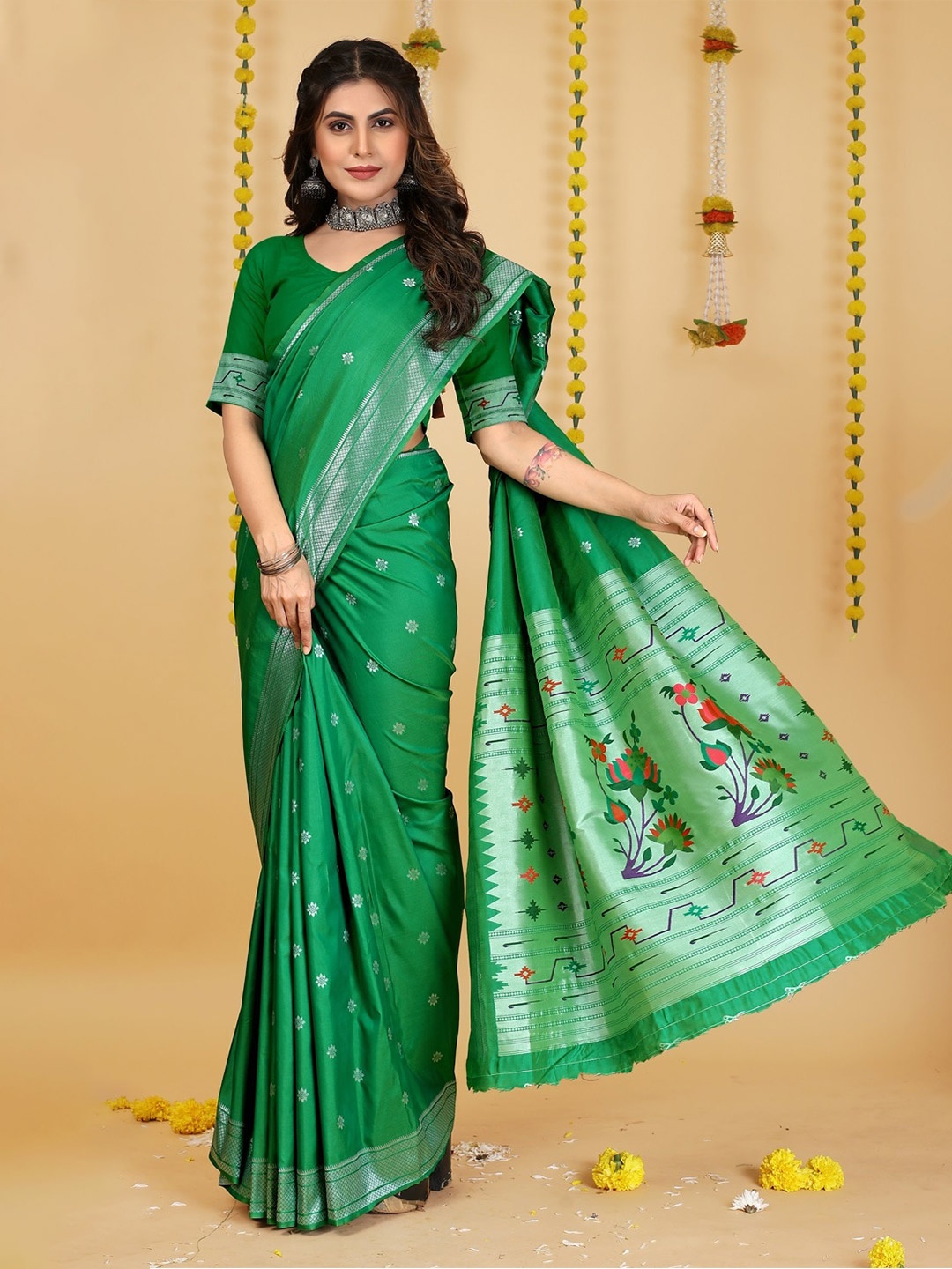 

CANIZZARO Ethnic Motif Woven Design Pure Silk Paithani Zari Saree, Green