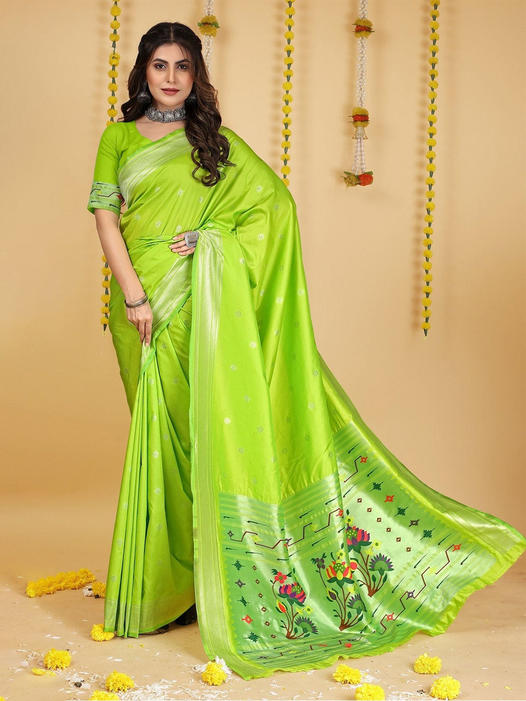 

CANIZZARO Ethnic Motif Woven Design Pure Silk Paithani Zari Saree, Green