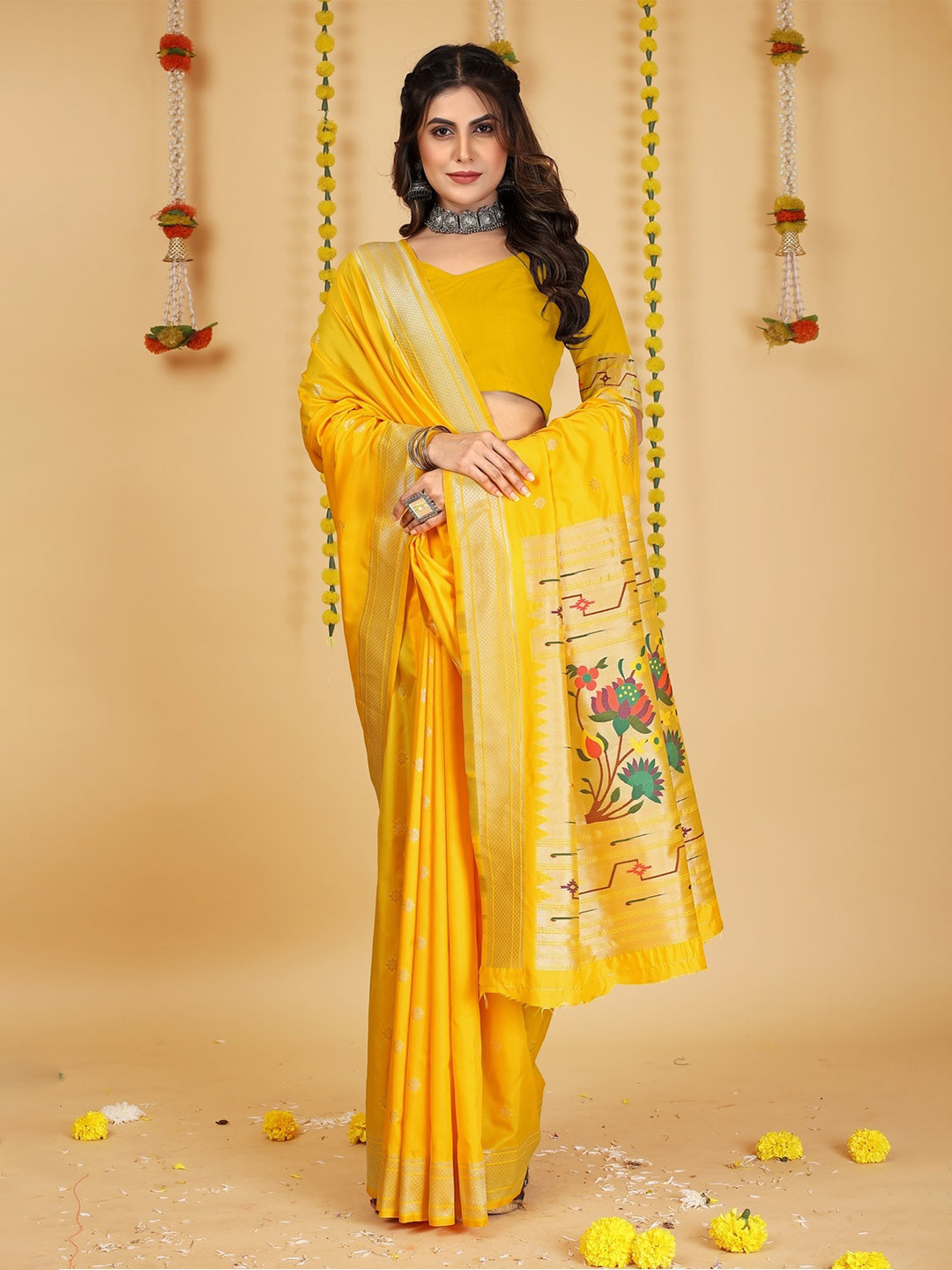 

CANIZZARO Ethnic Motif Woven Design Pure Silk Paithani Zari Saree, Yellow