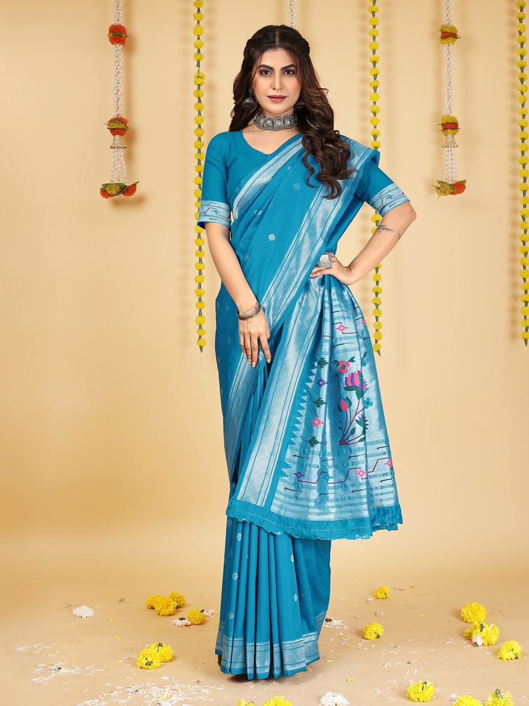 

CANIZZARO Ethnic Motifs Zari Pure Silk Paithani Saree, Turquoise blue