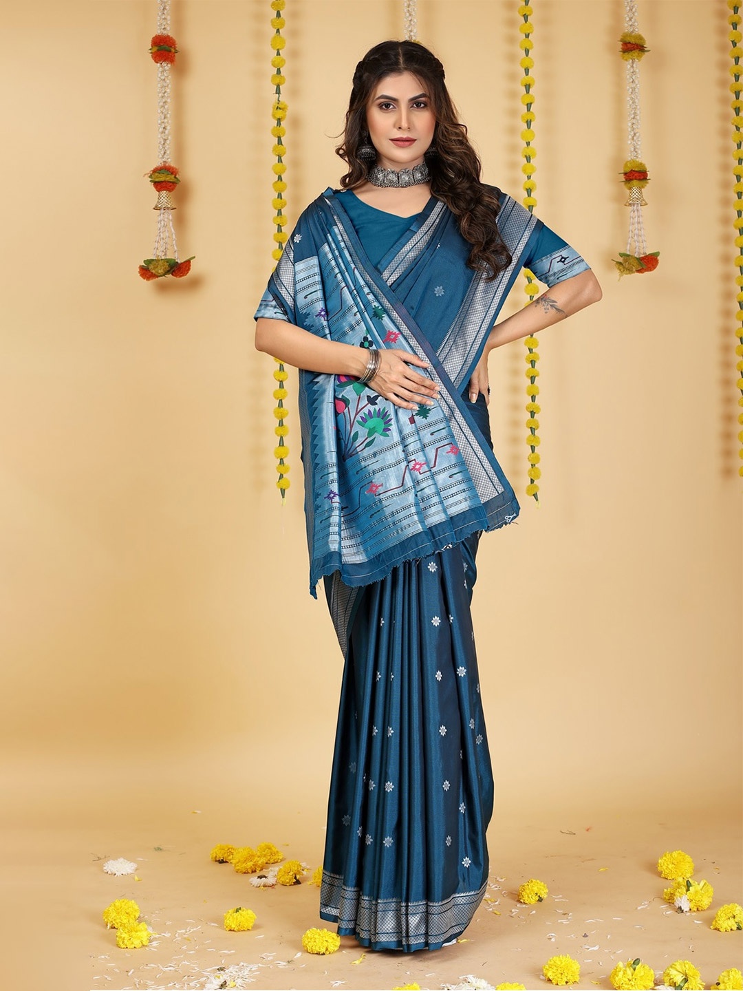 

CANIZZARO Ethnic Motif Woven Design Pure Silk Paithani Zari Saree, Teal