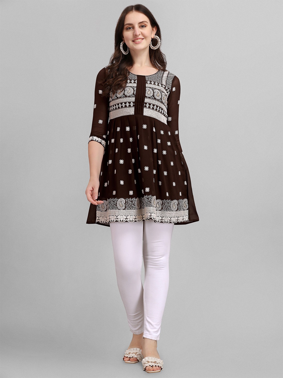 

BAESD Paisley Embroidered Georgette A-Line Kurti, Brown