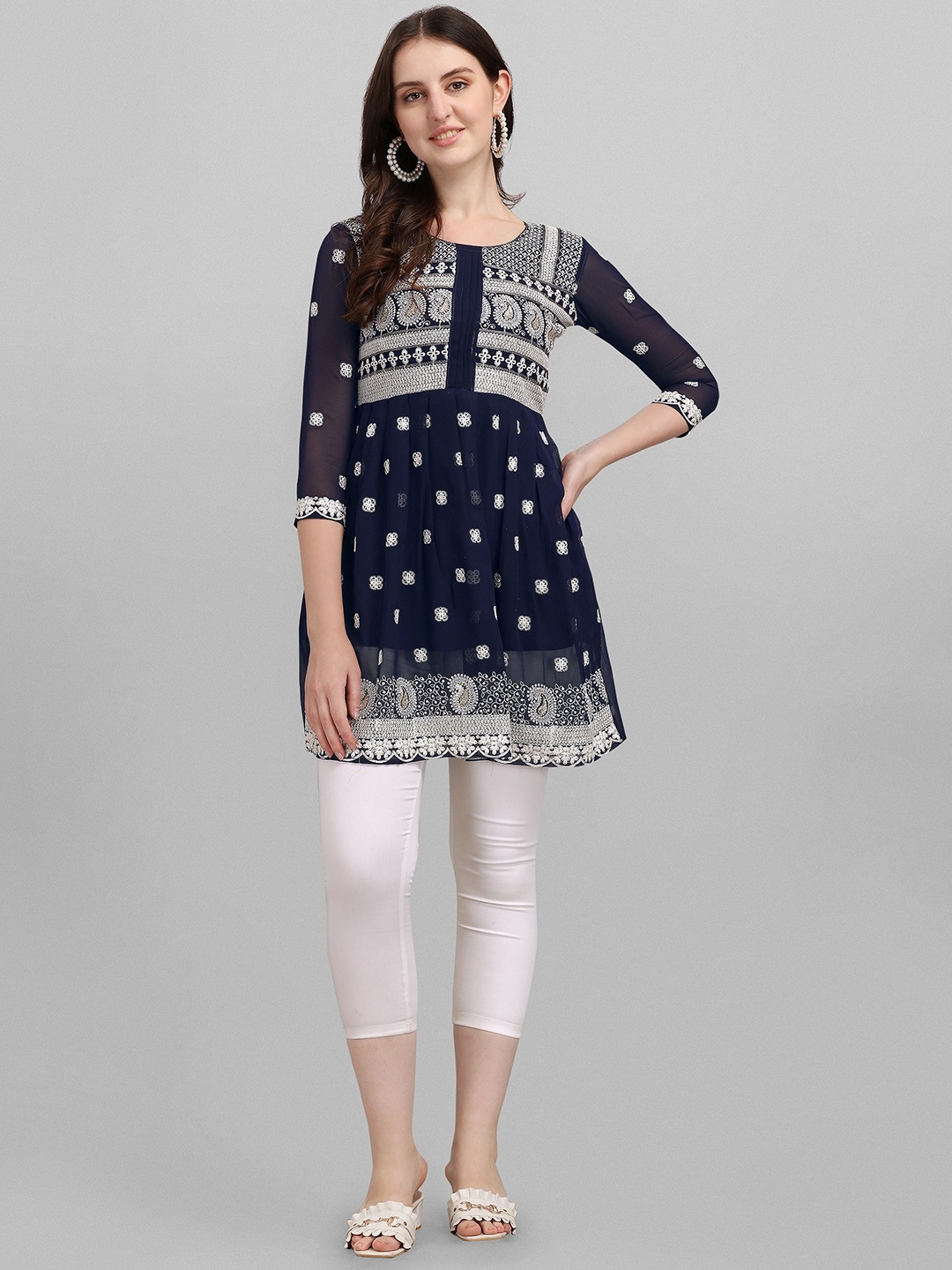 

BAESD Floral Print Georgette Fit & Flare Dress, Navy blue