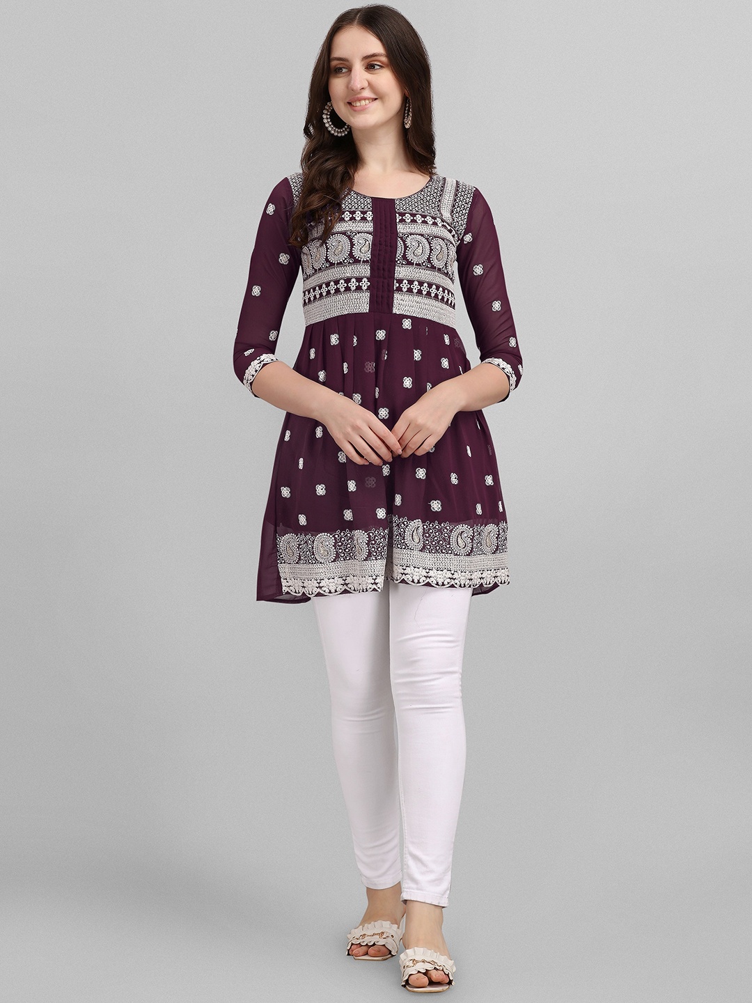 

BAESD Floral Embroidered Pure Georgette Thread Work Kurti, Purple