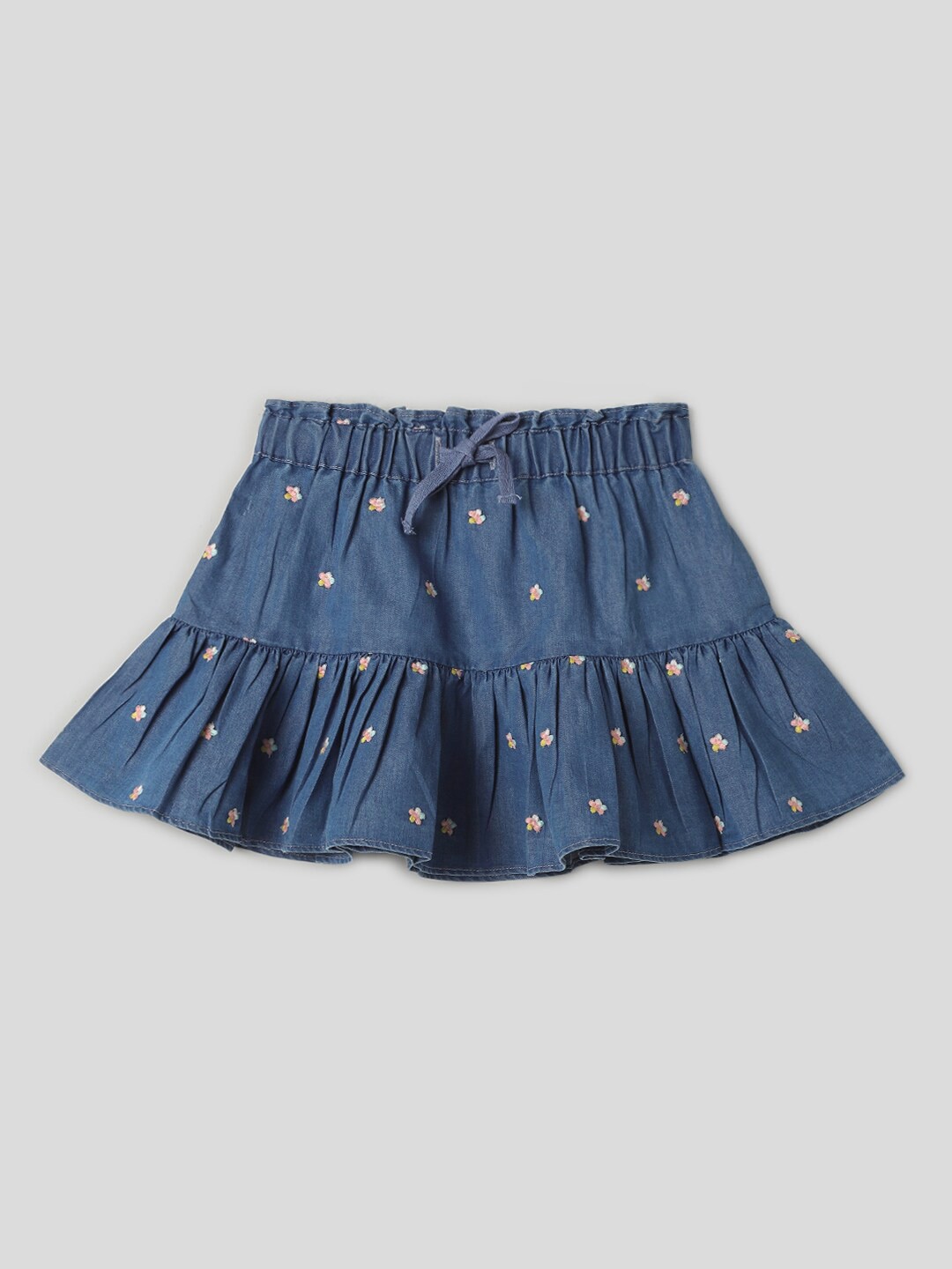 

Somersault Girls Floral Printed Denim Gathered & Pleated Mini Skirt, Blue