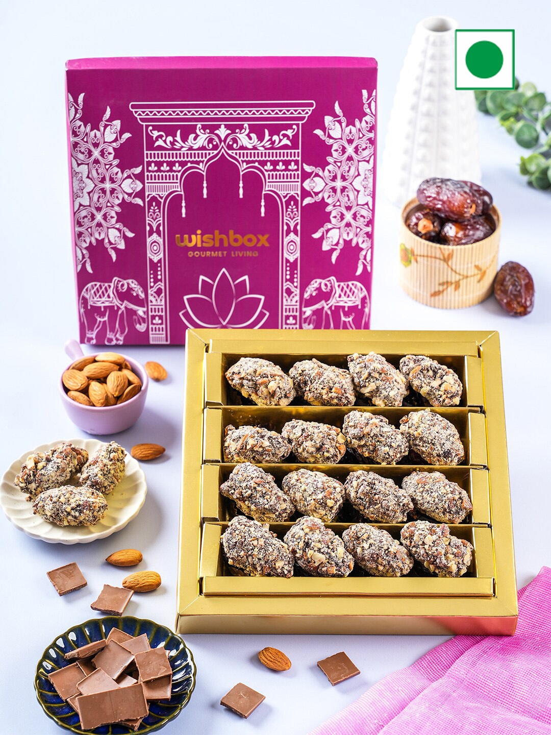 

Wishbox Dates Coated With Almond Filling Chocolate-500 gms, Brown