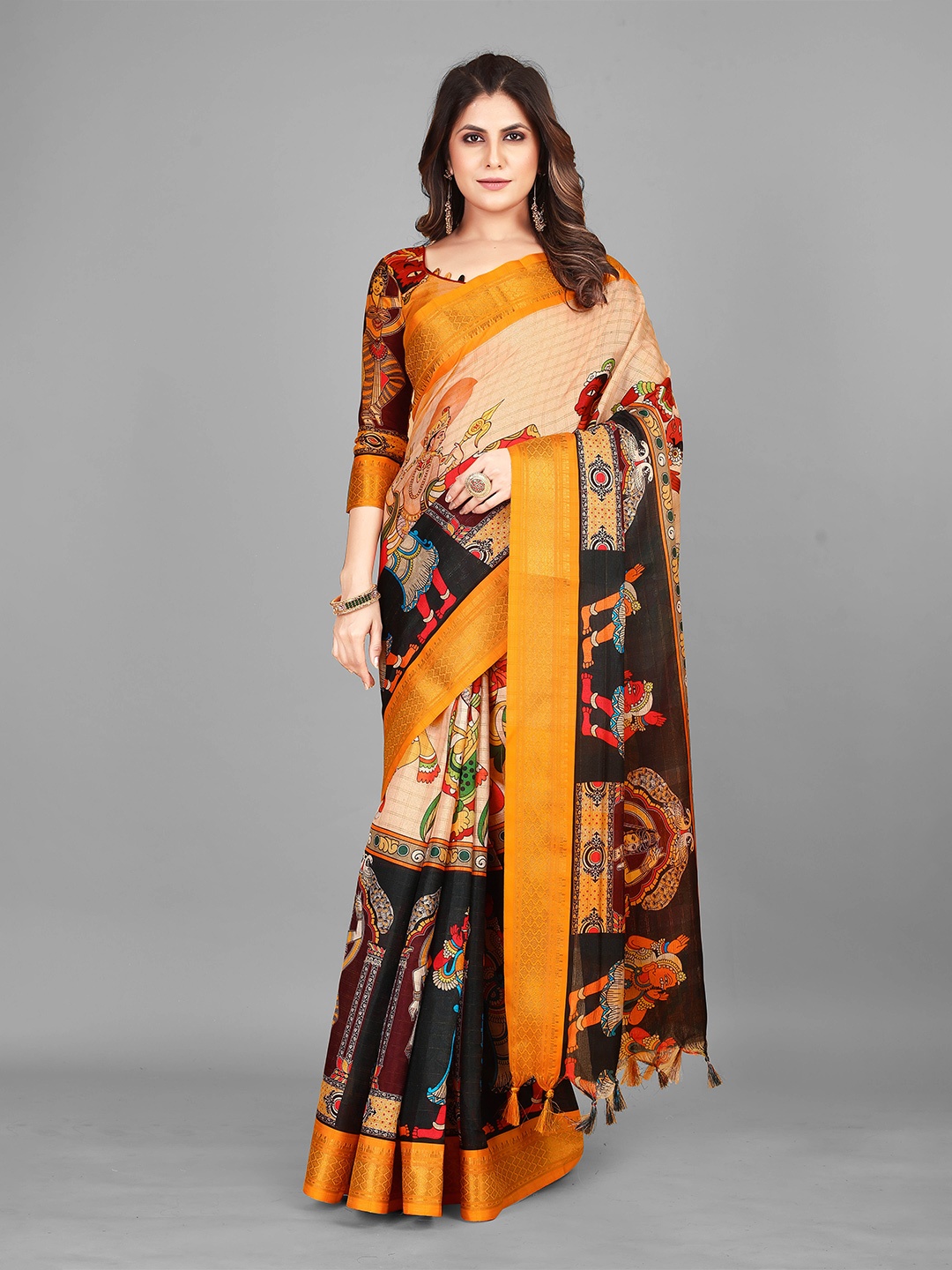 

VASTRAME Kalamkari Zari Block Print Saree, Yellow