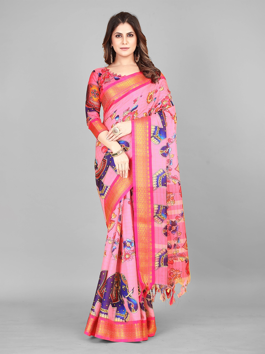 

VASTRAME Kalamkari Zari Block Print Saree, Pink