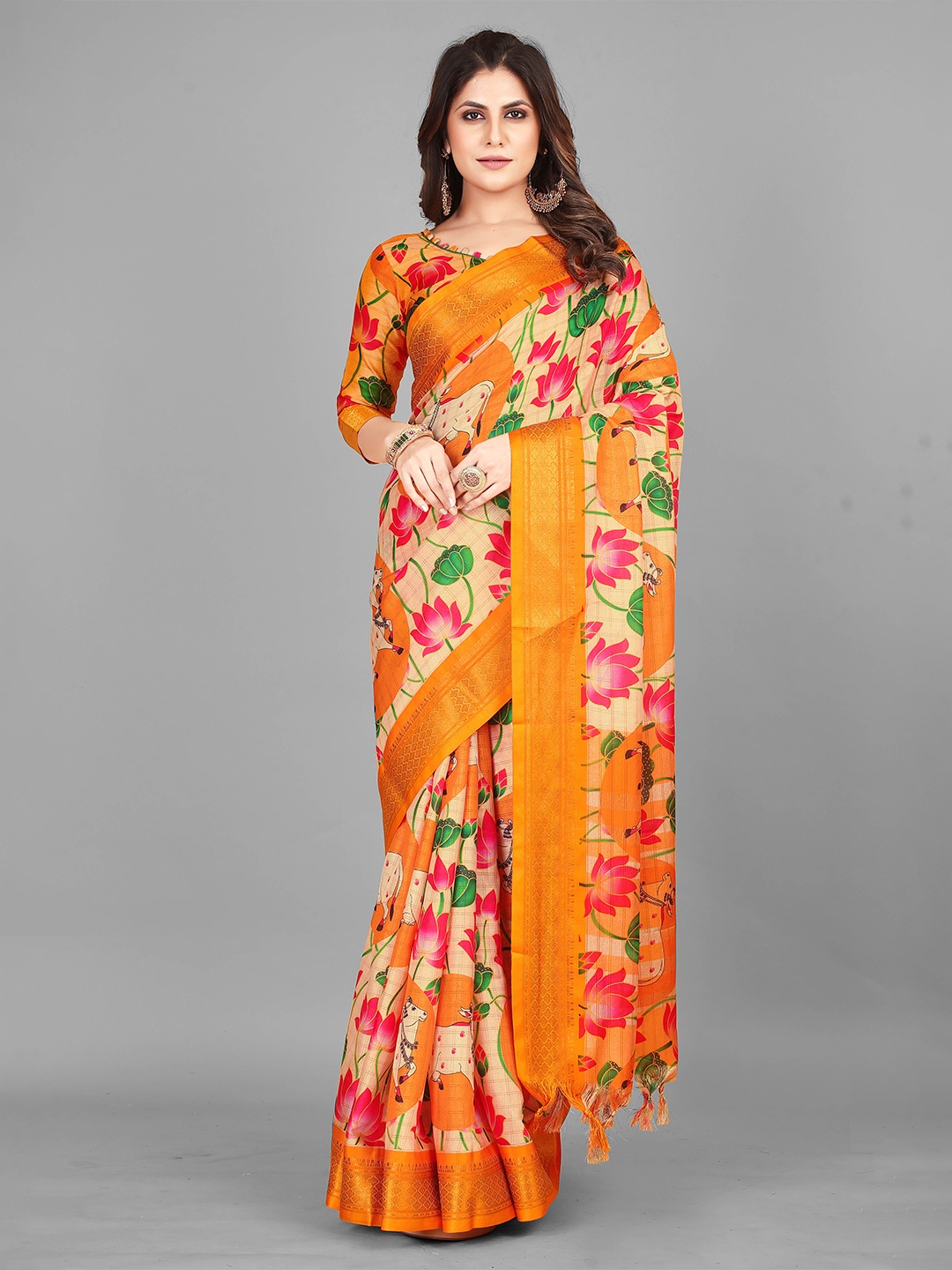 

VASTRAME Kalamkari Zari Block Print Saree, Yellow