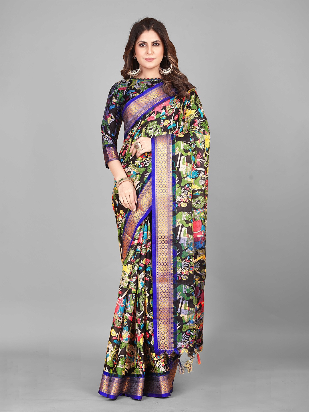 

VASTRAME Kalamkari Zari Block Print Saree, Blue