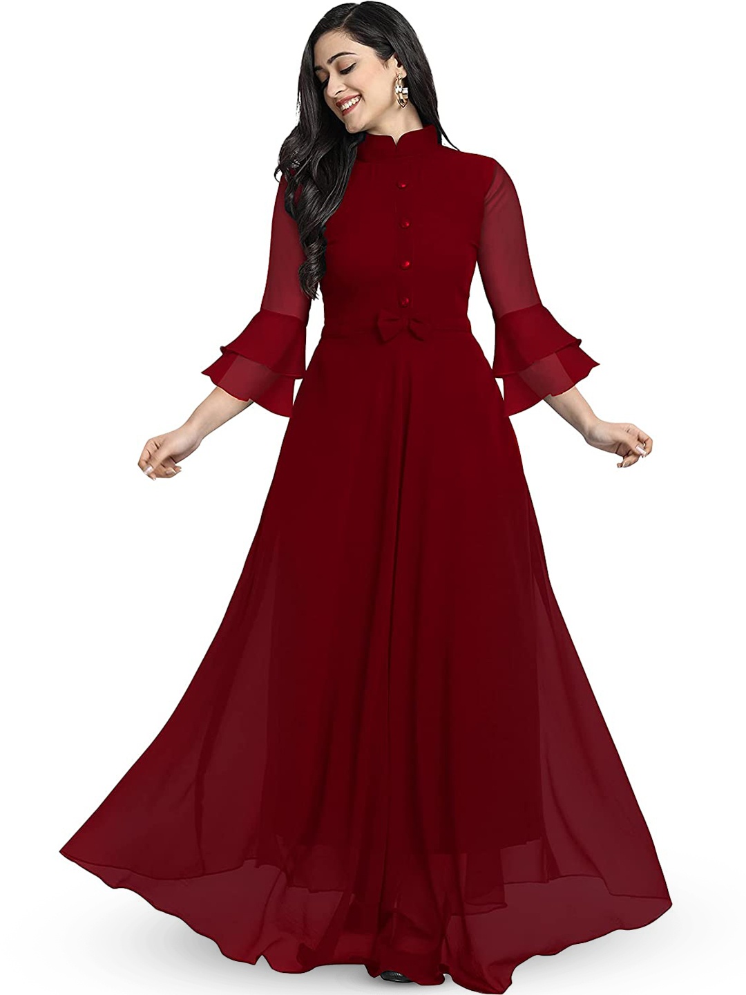 

BAESD Mandarin Collar Bell Sleeve Georgette Maxi Dress, Maroon