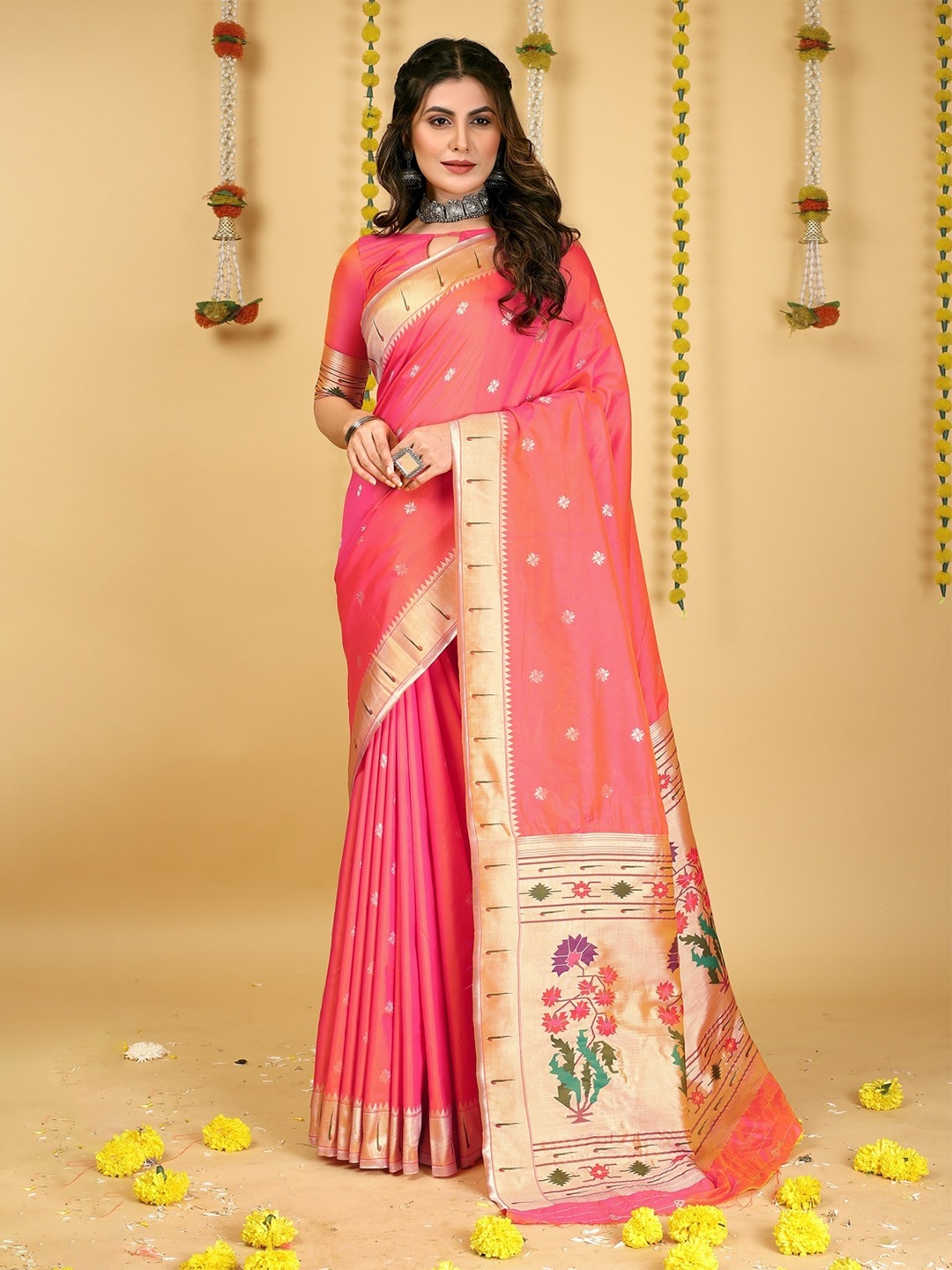 

CANIZZARO Ethnic Motifs Zari Pure Silk Paithani Saree, Peach