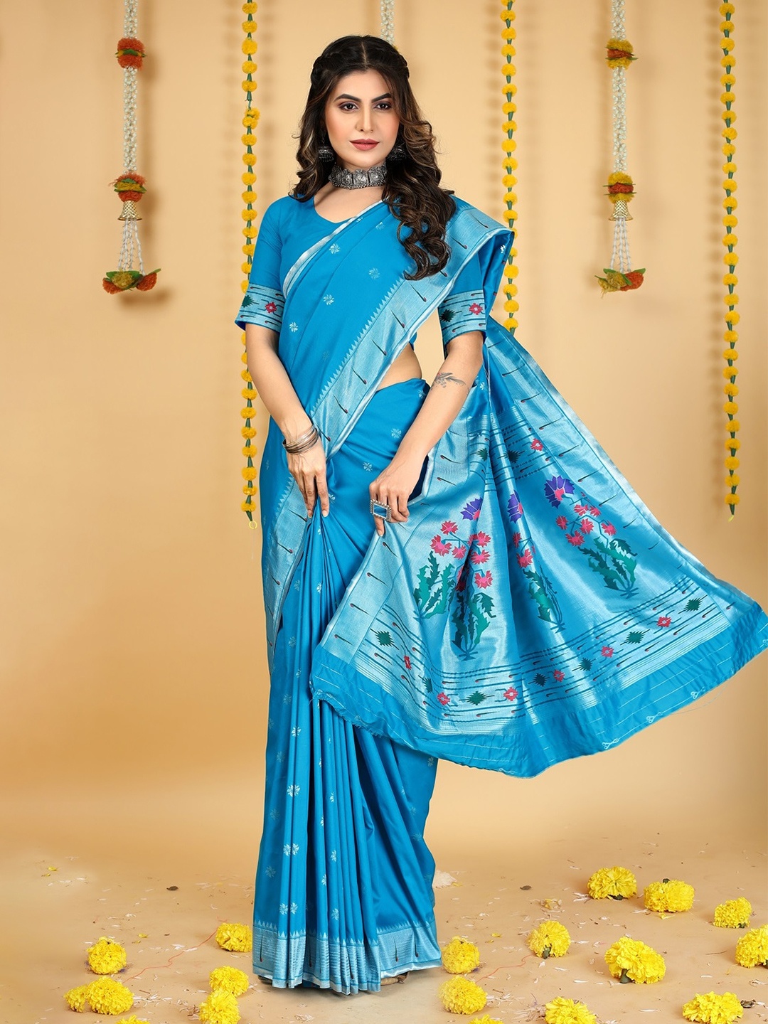 

CANIZZARO Ethnic Motif Woven Design Pure Silk Paithani Zari Saree, Turquoise blue