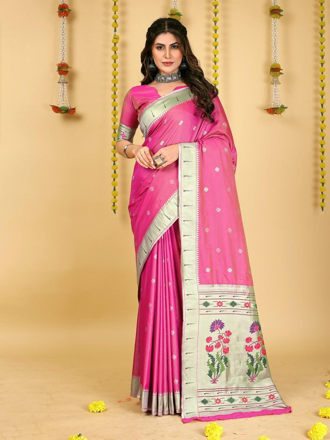 

CANIZZARO Ethnic Motif Woven Design Pure Silk Paithani Zari Saree, Pink