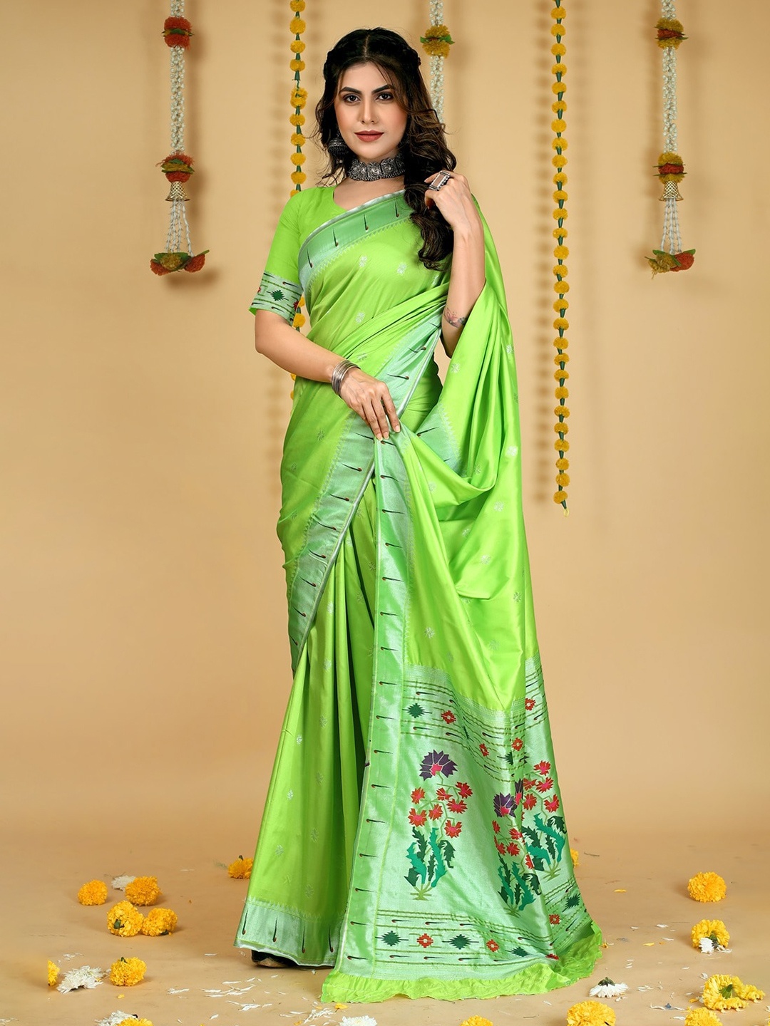 

CANIZZARO Ethnic Motif Woven Design Pure Silk Paithani Zari Saree, Green
