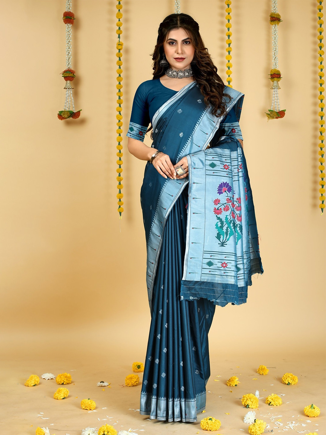 

CANIZZARO Ethnic Motif Woven Design Pure Silk Paithani Zari Saree, Teal