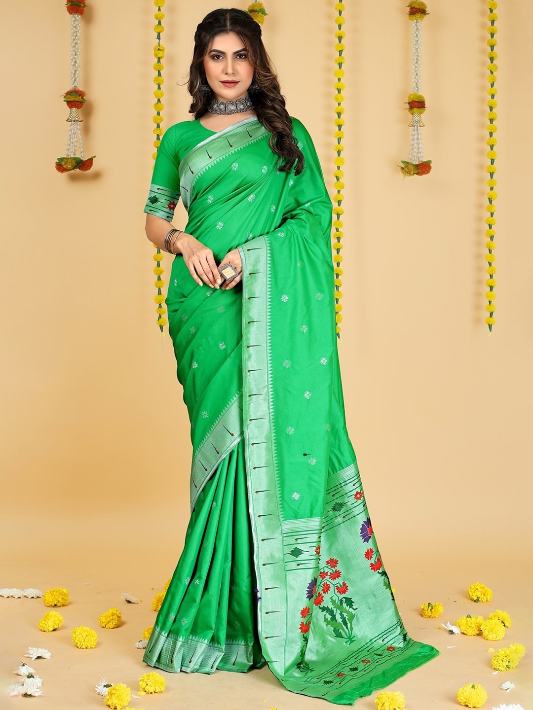 

CANIZZARO Ethnic Motif Woven Design Pure Silk Paithani Zari Saree, Green