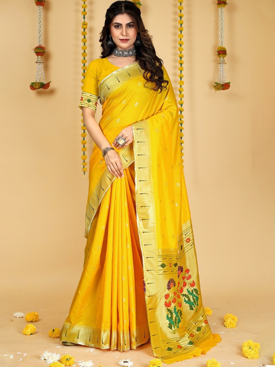 

CANIZZARO Ethnic Motifs Woven Design Zari Pure Silk Paithani Saree, Yellow