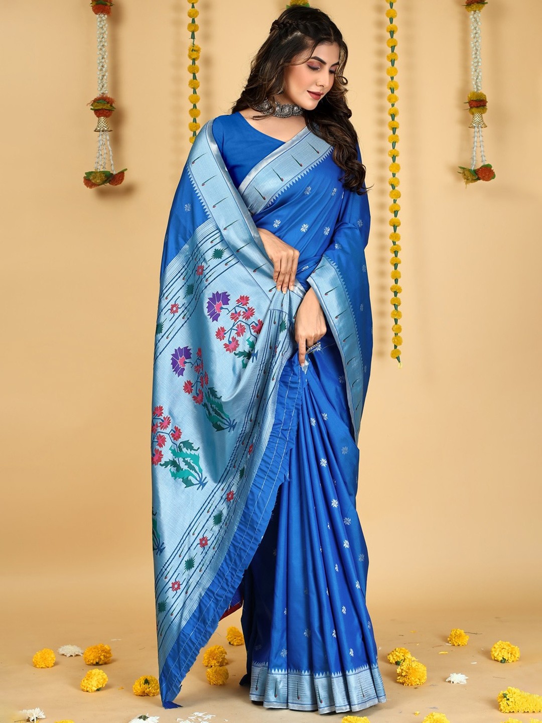

CANIZZARO Ethnic Motifs Woven Design Zari Pure Silk Paithani Saree, Blue