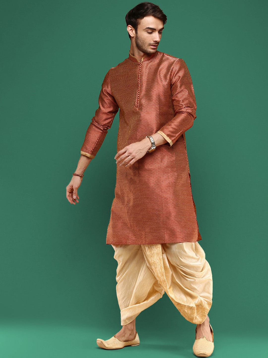 

Sangria mandarin collar Three quarter Sleeves Woven Design Straight Kurtas, Maroon