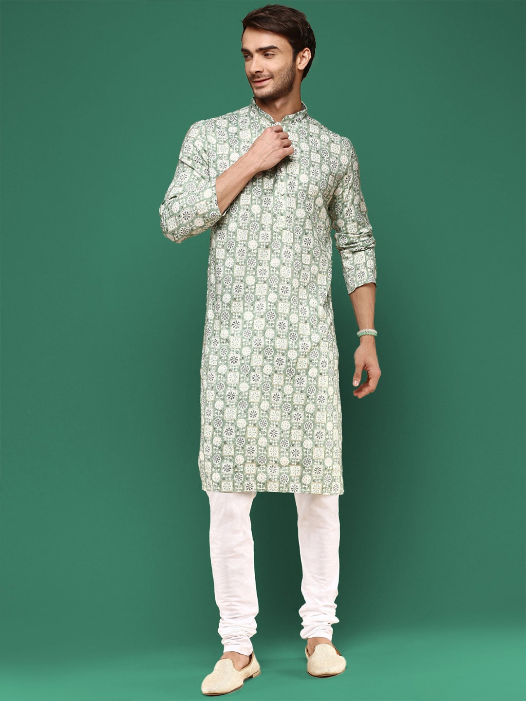 

Sangria mandarin Collar Long Sleeves Printed Cotton Straight Kurta, Green