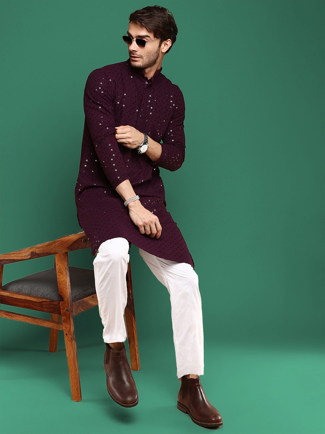 

Sangria Purple Chikankari Embroidered Sequined Pure Cotton Straight Kurta