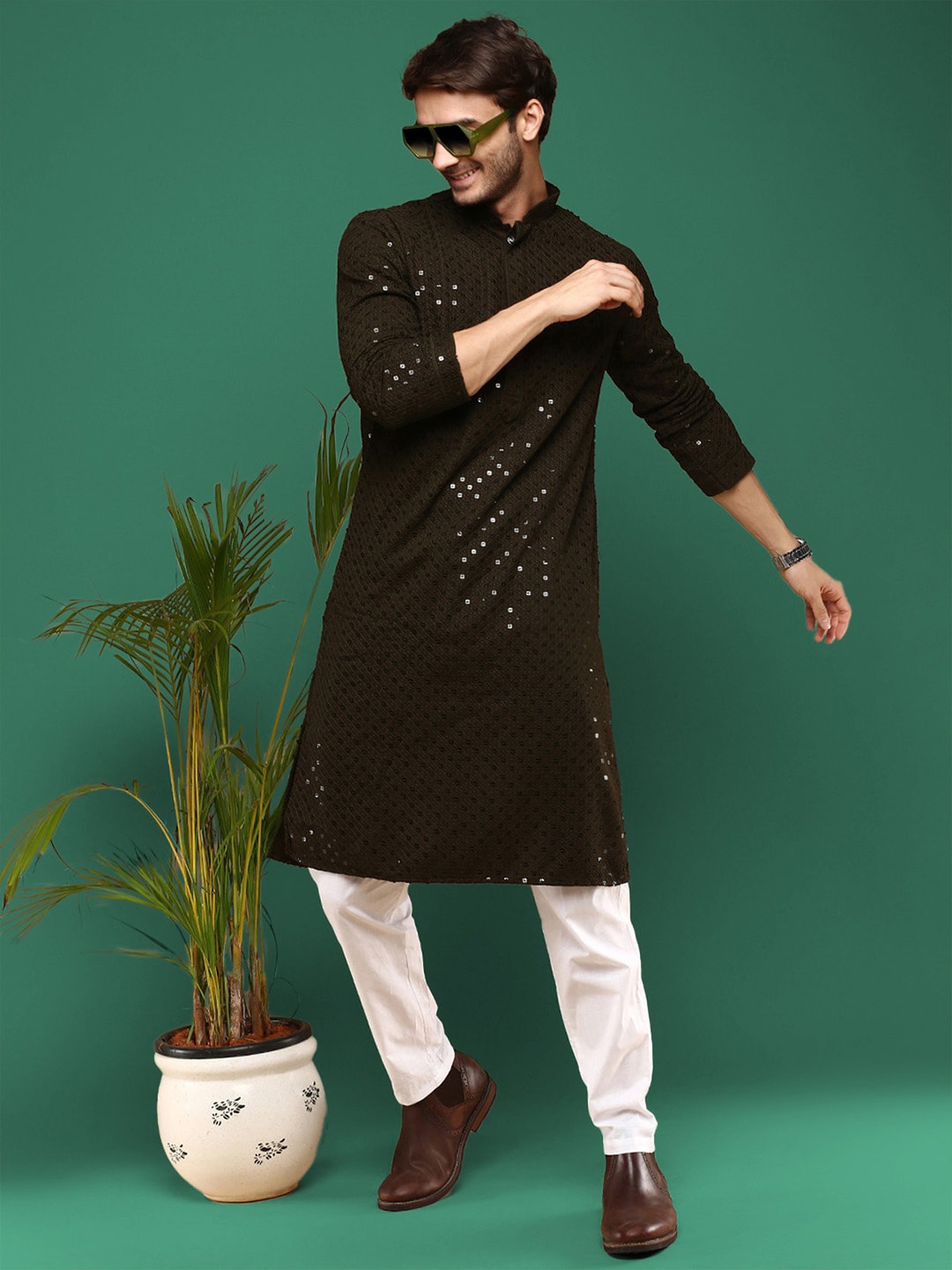 

Sangria Olive Chikankari Embroidered Sequined Pure Cotton Straight Kurta