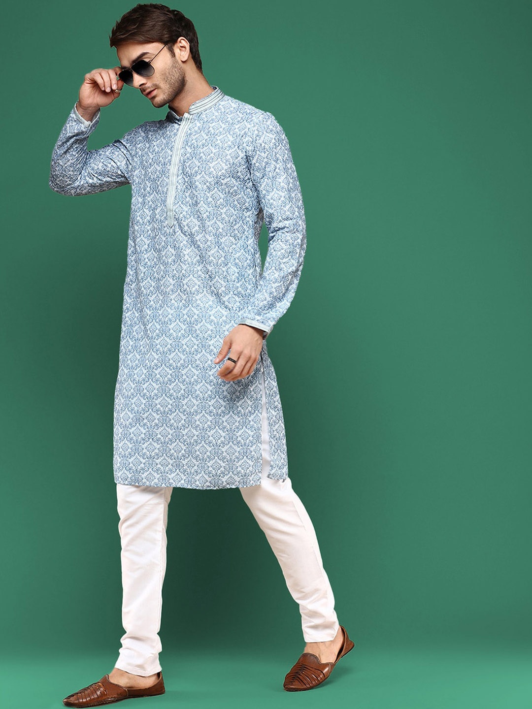 

Sangria Blue Ethnic Motifs Printed Chikankari Pastel Cotton Kurta