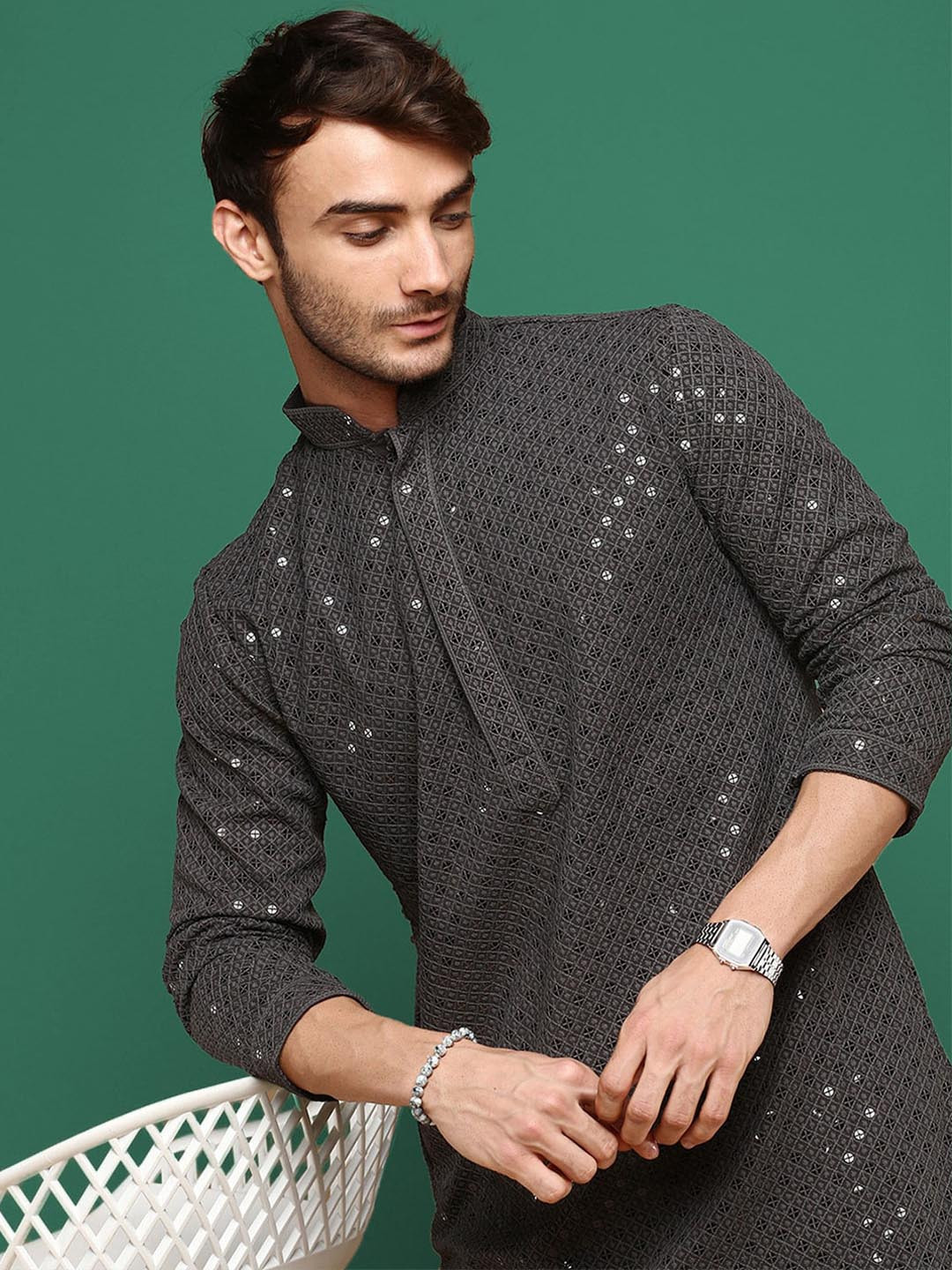 

Sangria Grey Chikankari Embroidered Sequined Pure Cotton Straight Kurta