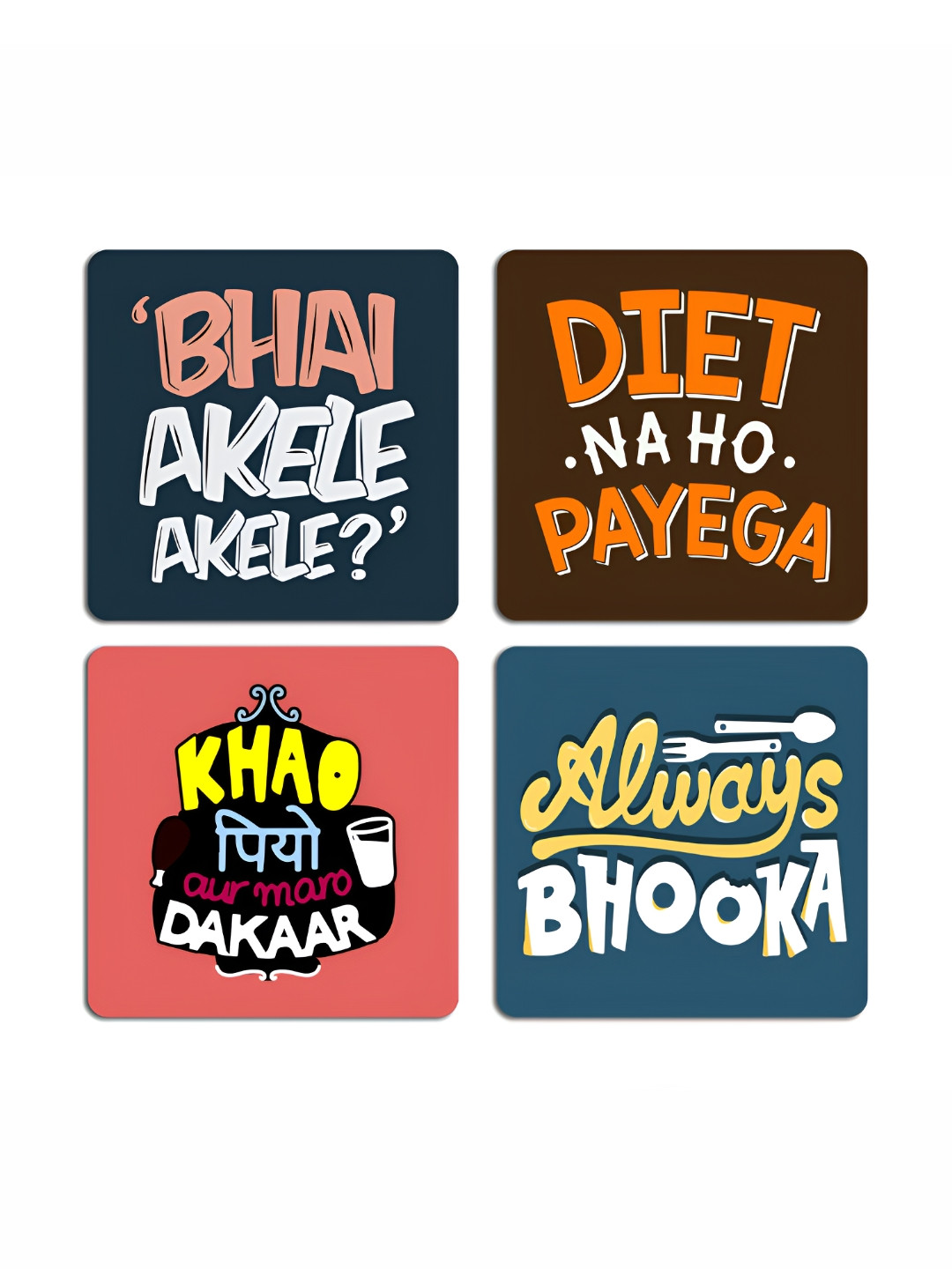

ARTBUG 4 Pcs Black & Blue Typography Printed Wooden Coasters
