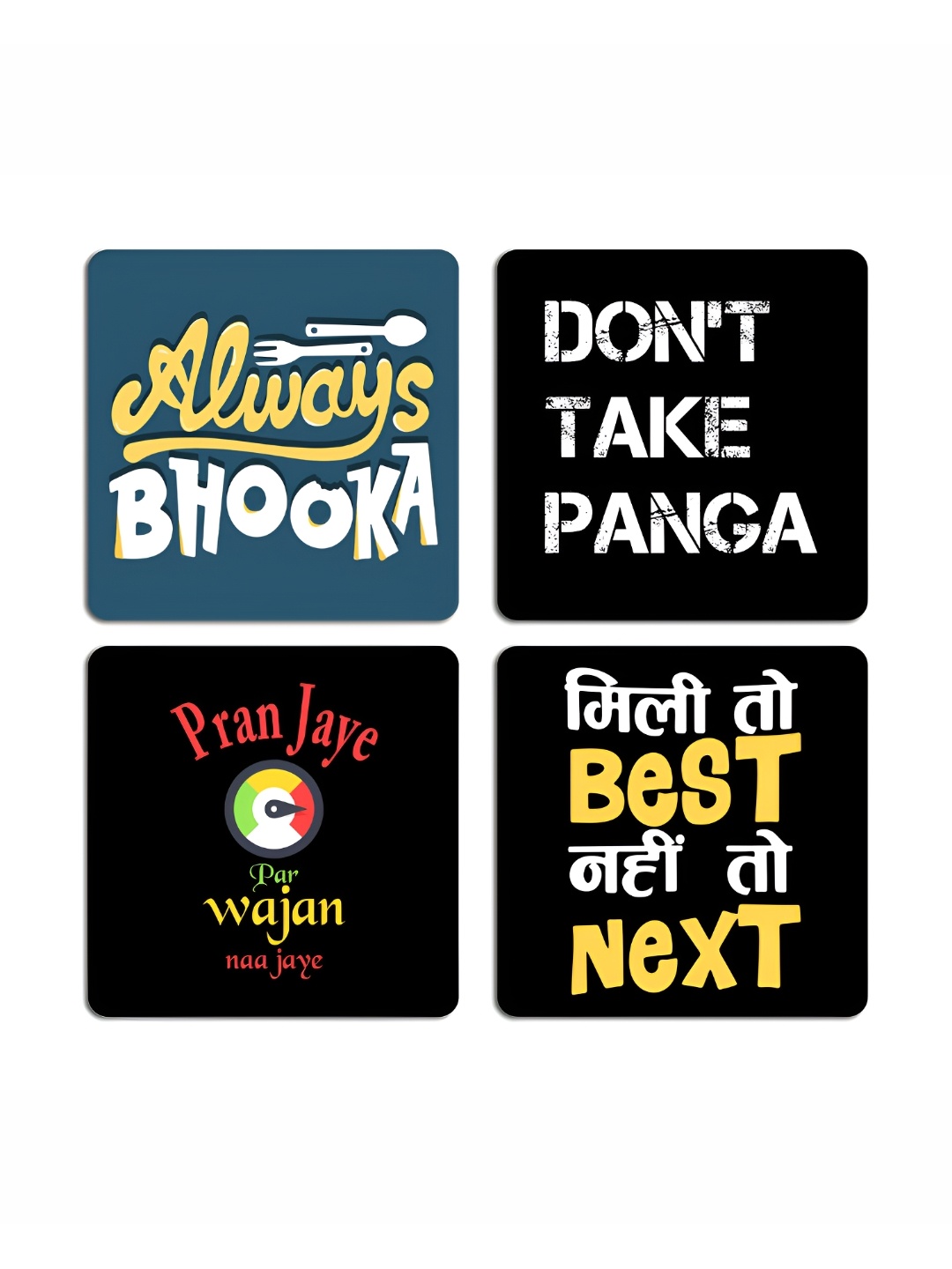 

ARTBUG 4 Pcs Black & Blue Typography Printed Wooden Coasters