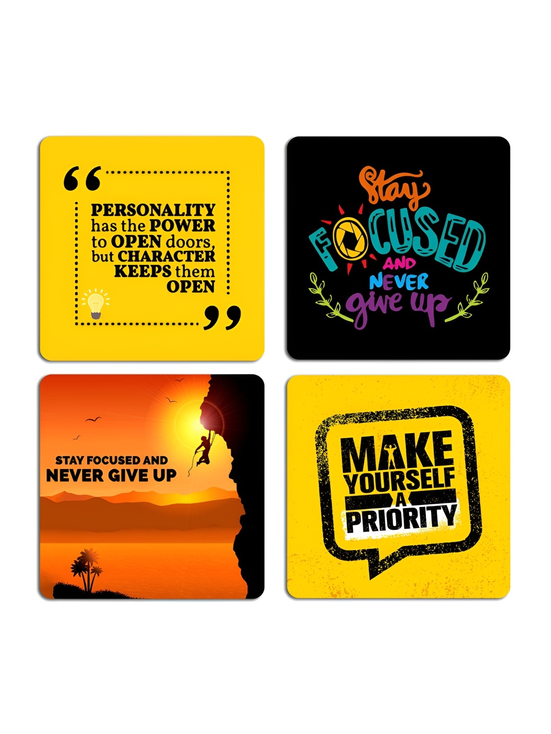 

ARTBUG 4 Pcs Black Quotes Printed Wooden Coasters, Yellow
