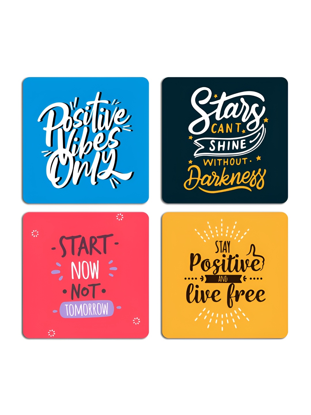 

ARTBUG 4 Pcs Blue & Pink Typography Printed Wooden Coasters