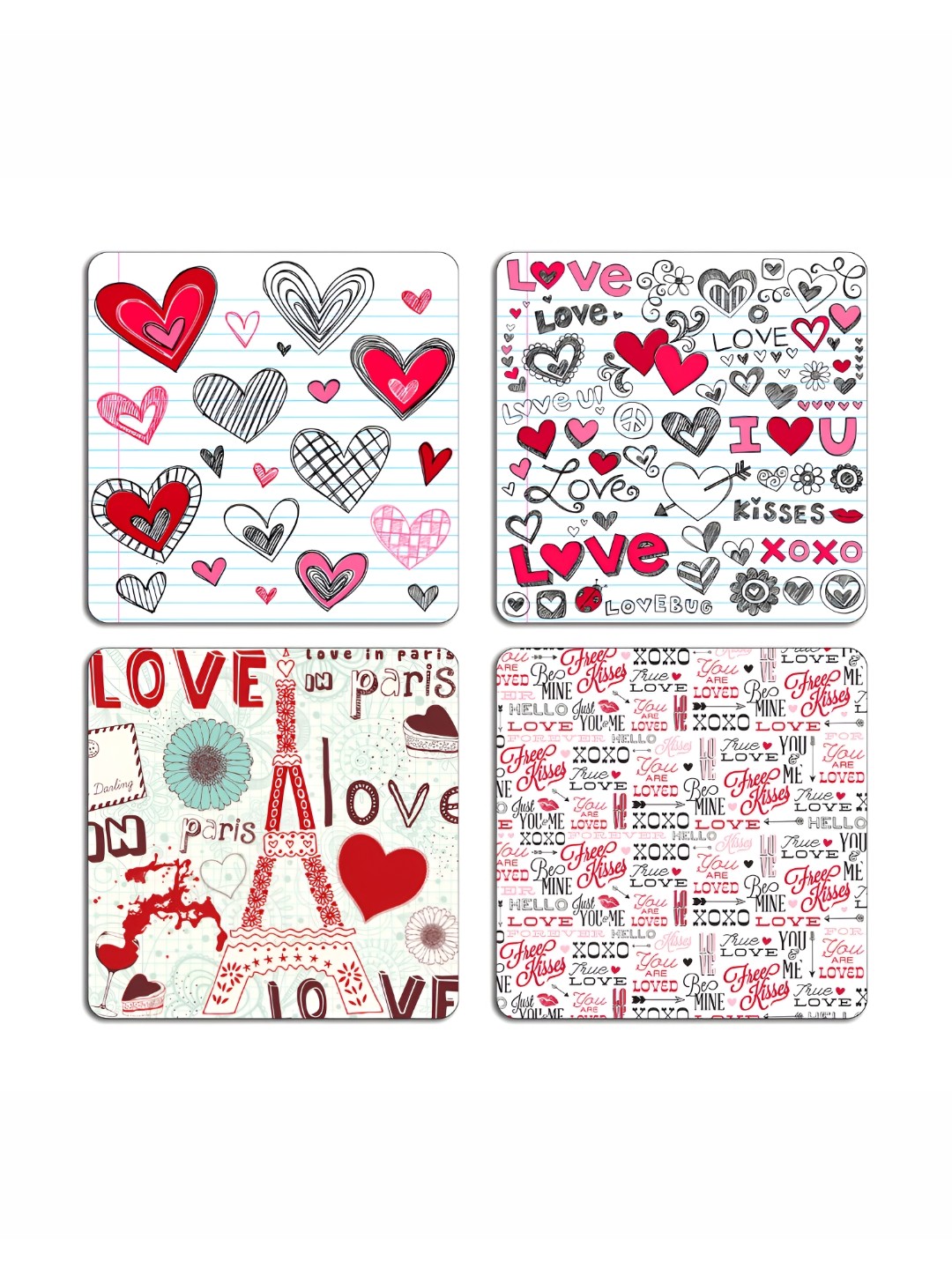 

ARTBUG 4 Pcs White & Red Love Quotes Typography Printed Wooden Coasters